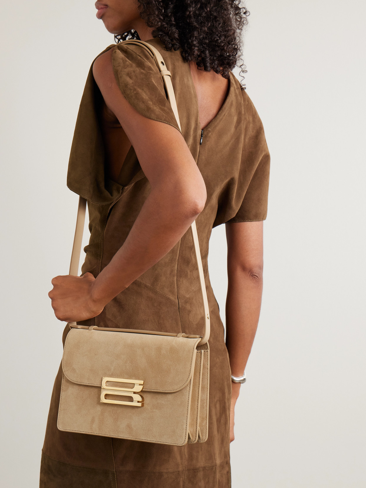 Victoria Beckham The Dorian Leather-trimmed Suede Shoulder Bag In Neutral