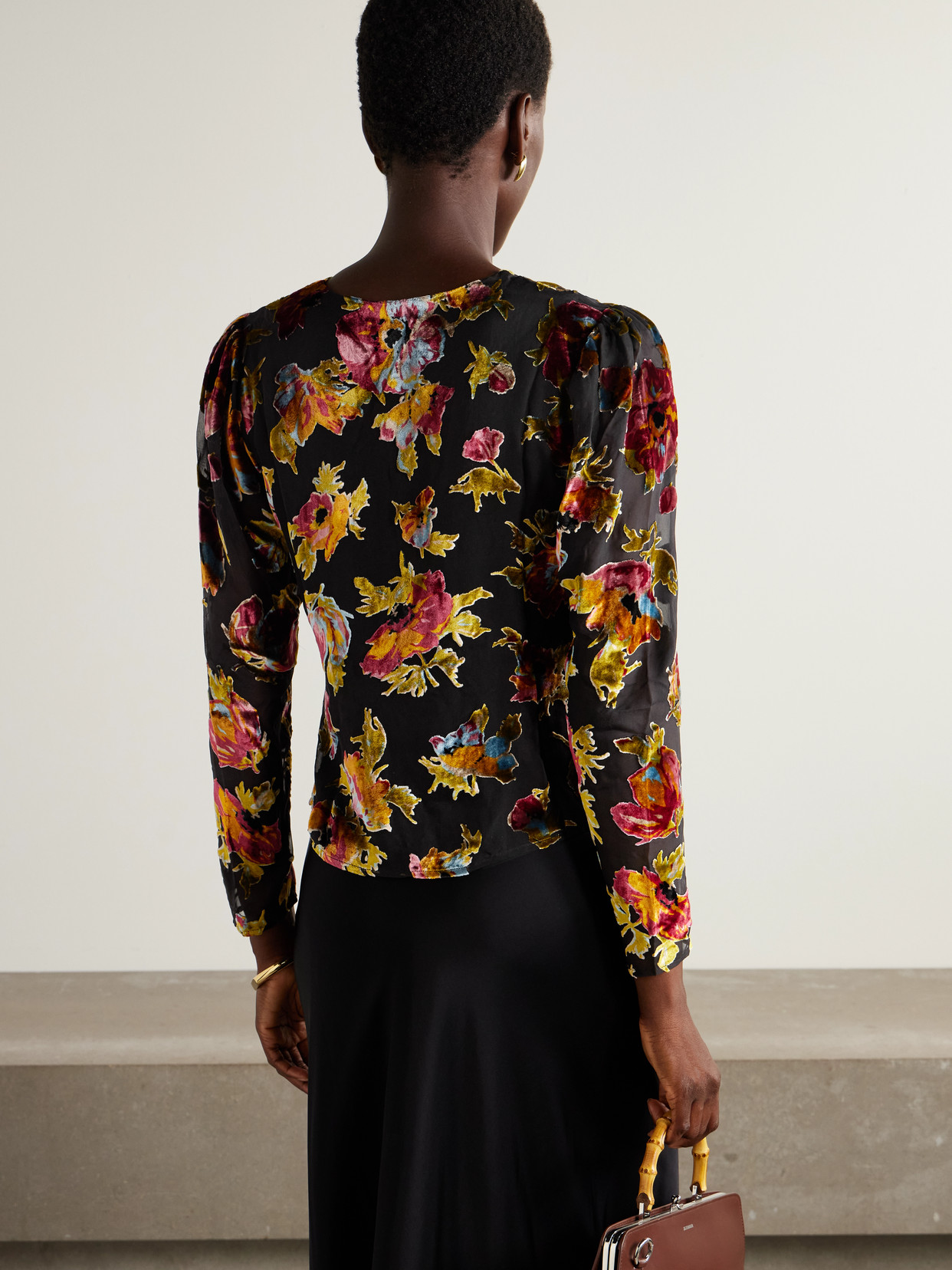 Evelyn Embellished Floral-Print Devoré-Velvet Wrap Top