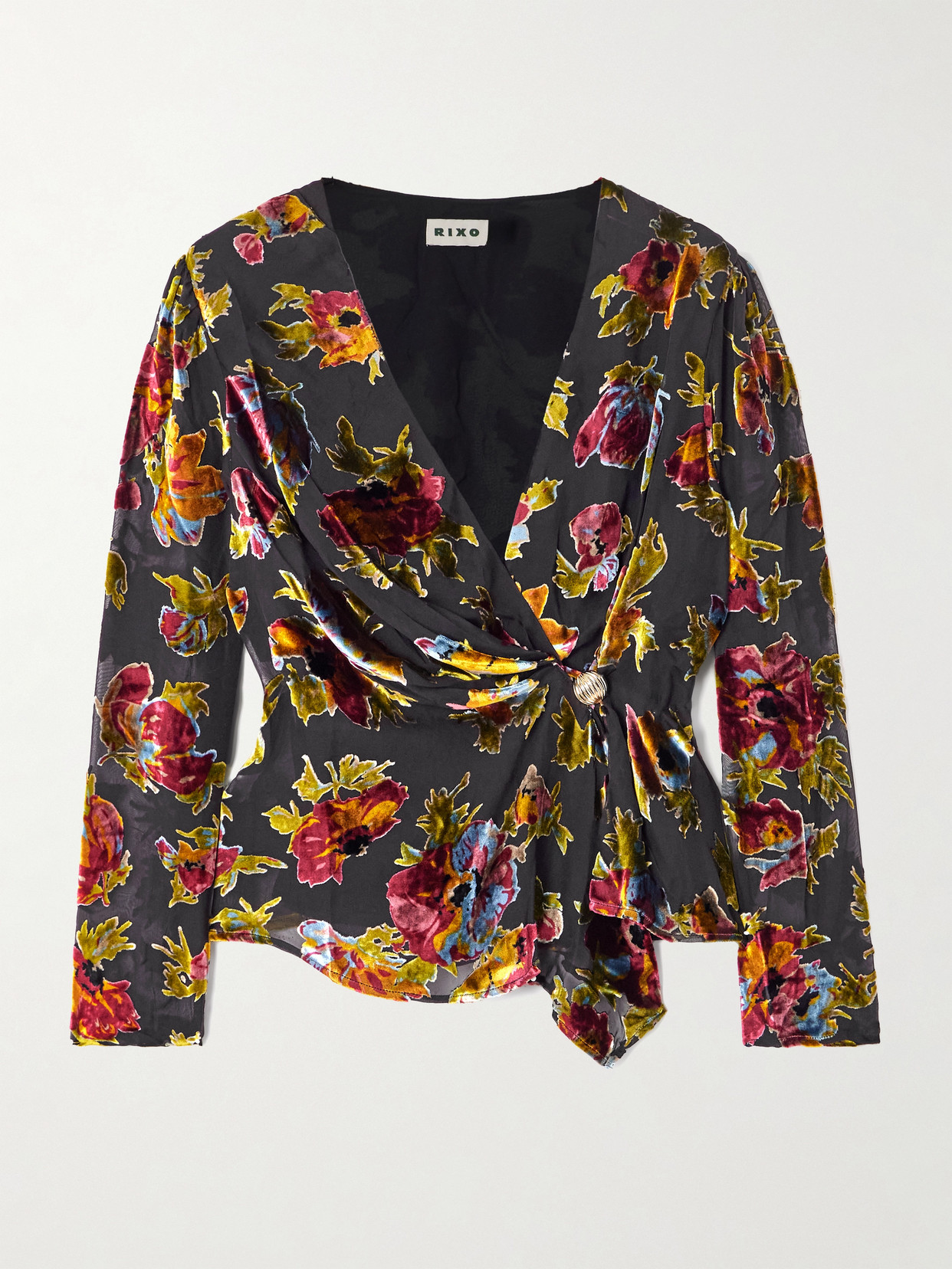 Rixo London Evelyn Embellished Floral-print Devoré-velvet Wrap Top In Black