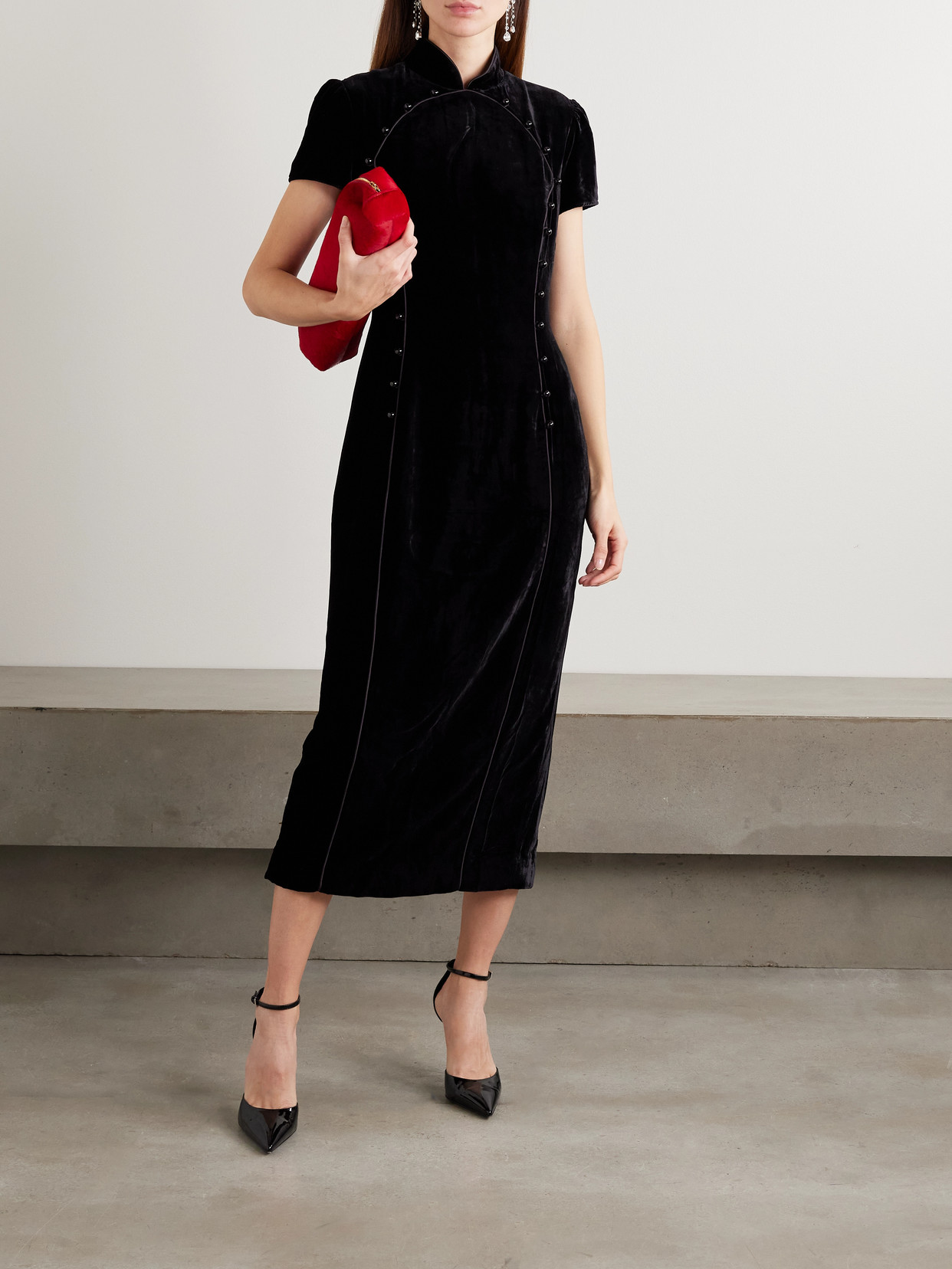 Saloni Taro-c Velvet Midi Dress In Black