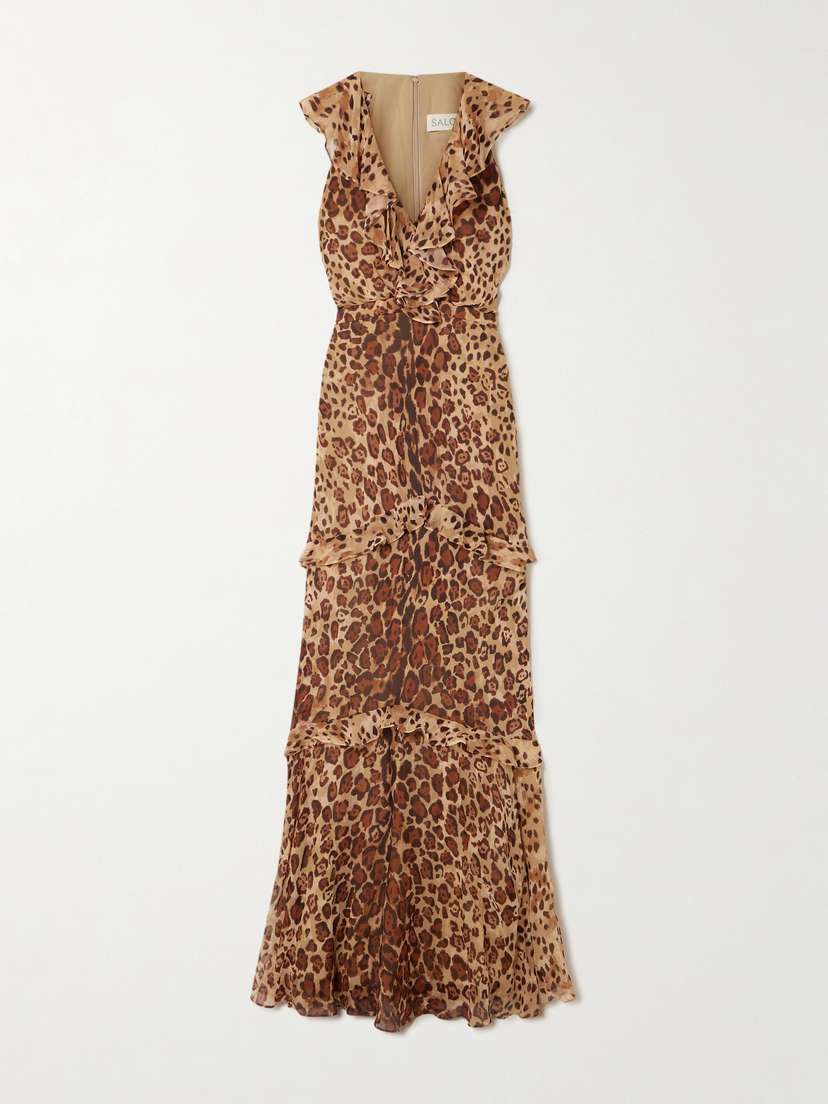 Saloni Rita Ruffled Cheetah-print Crepon Gown