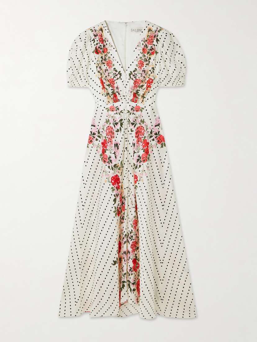 Saloni Lea Polka-dot Floral-print Silk-jacquard Midi Dress