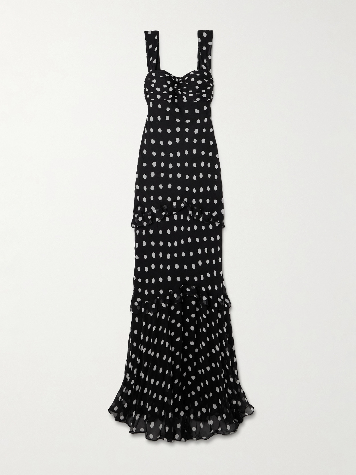 Saloni Selma Ruched Ruffled Polka-dot Crepe De Chine Maxi Dress In Black