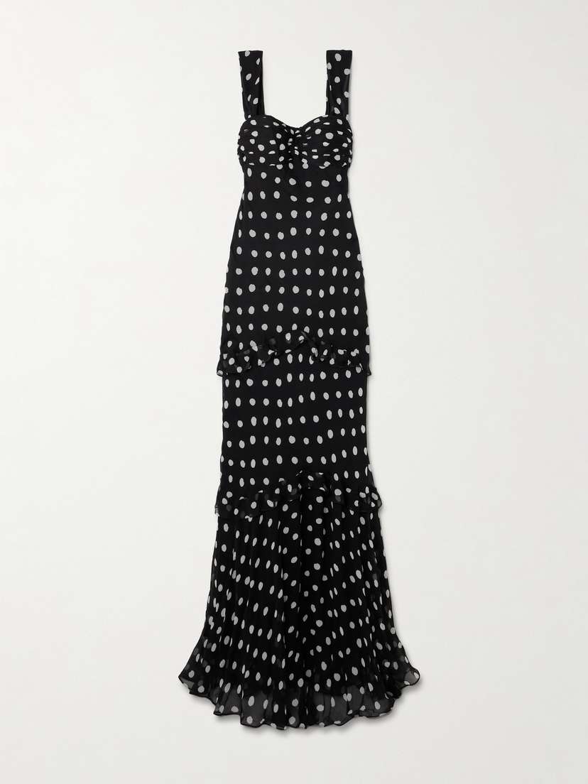 Saloni Selma Ruched Ruffled Polka-dot Crepe De Chine Maxi Dress