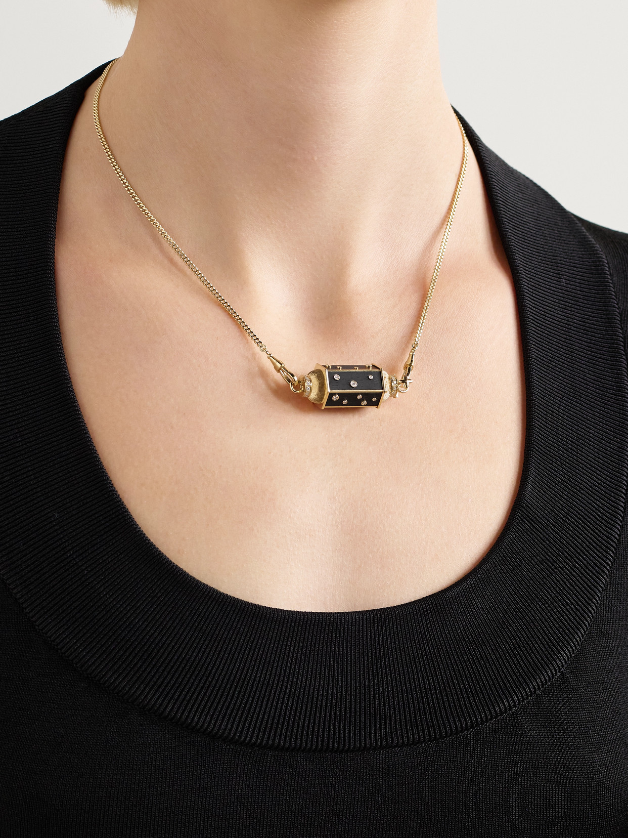Marie Lichtenberg Dot Locket Gourmette 18-karat Gold, Ebony And Diamond Necklace In Black