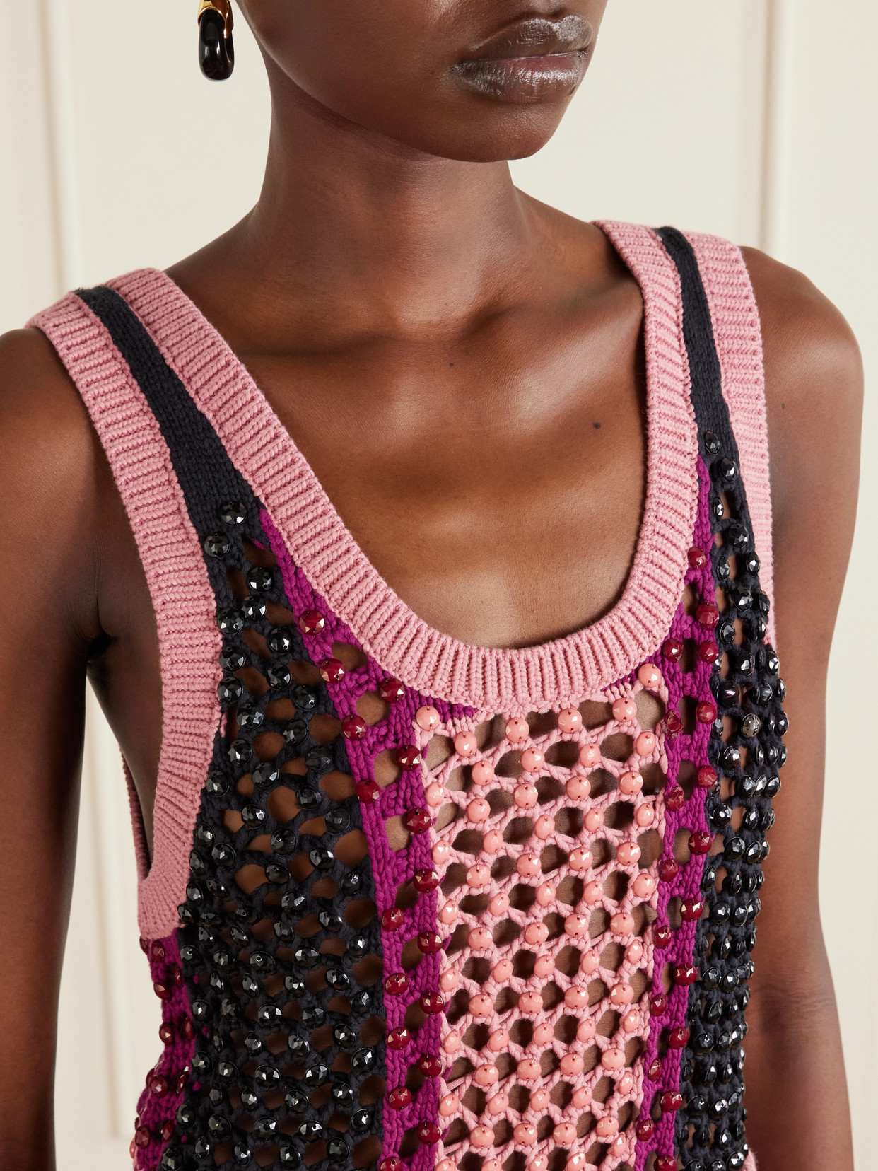 Dennis Crystal-Embellished Striped Crocheted Cotton-Blend Tank