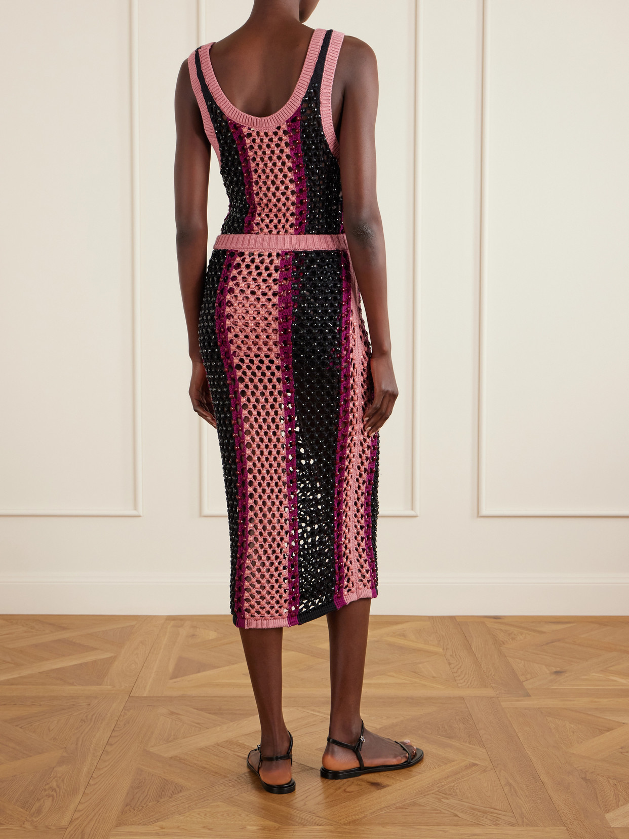 Spice Crystal-Embellished Striped Crocheted Cotton-Blend Midi