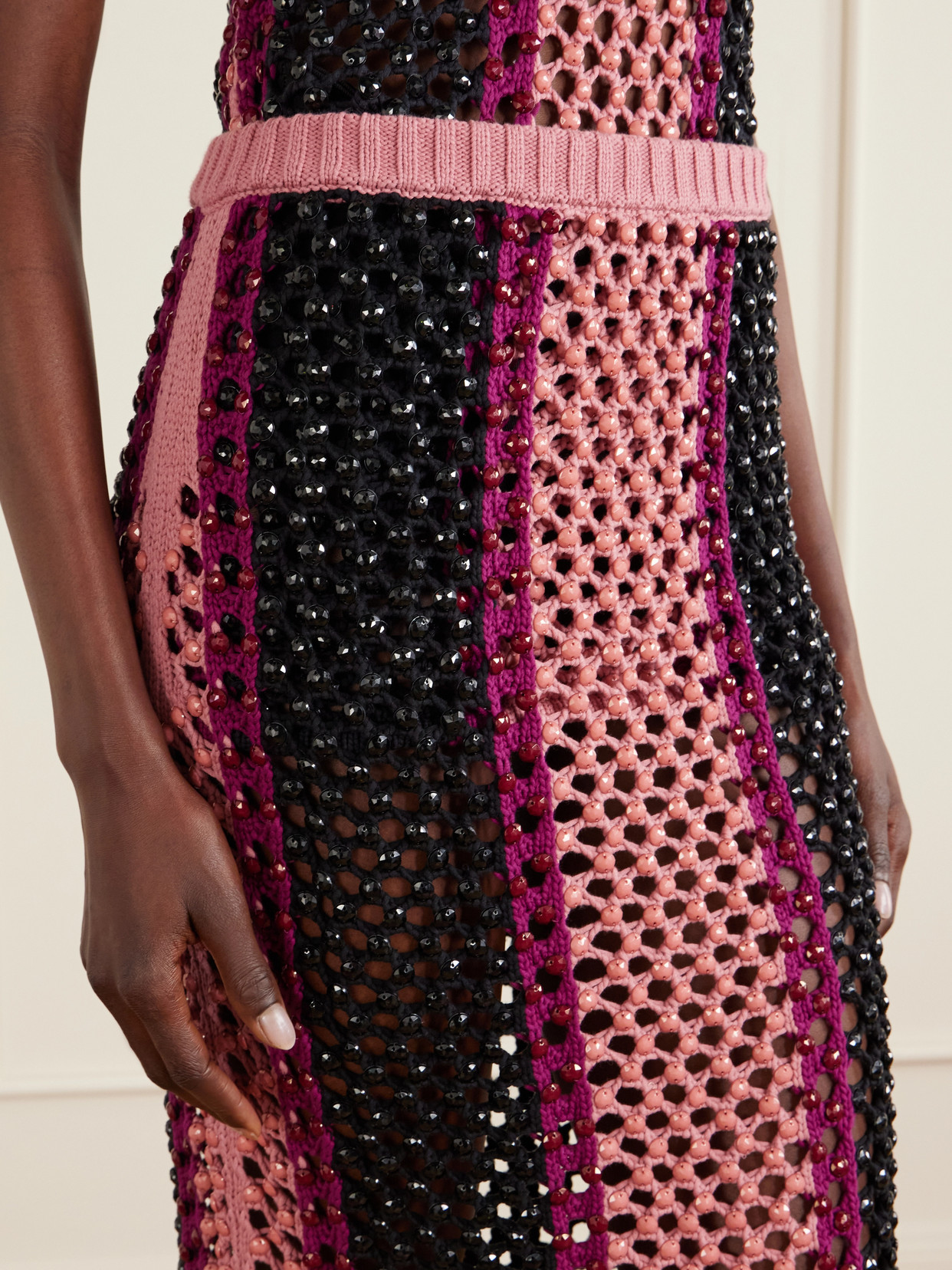 Spice Crystal-Embellished Striped Crocheted Cotton-Blend Midi