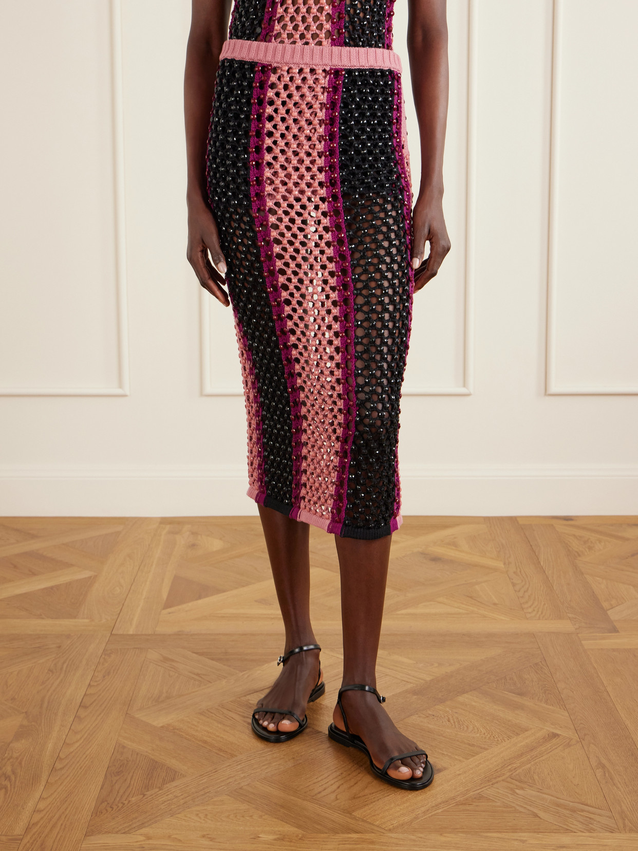 Spice Crystal-Embellished Striped Crocheted Cotton-Blend Midi