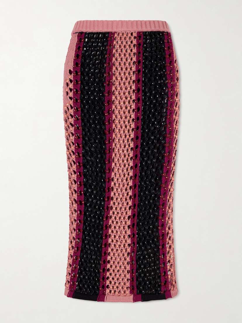 Diotima Spice Crystal-embellished Striped Crocheted Cotton-blend Midi Skirt