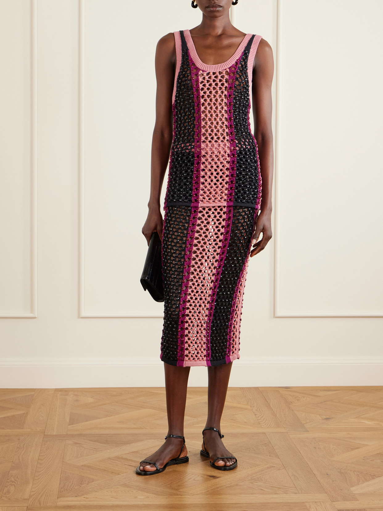 Spice Crystal-Embellished Striped Crocheted Cotton-Blend Midi