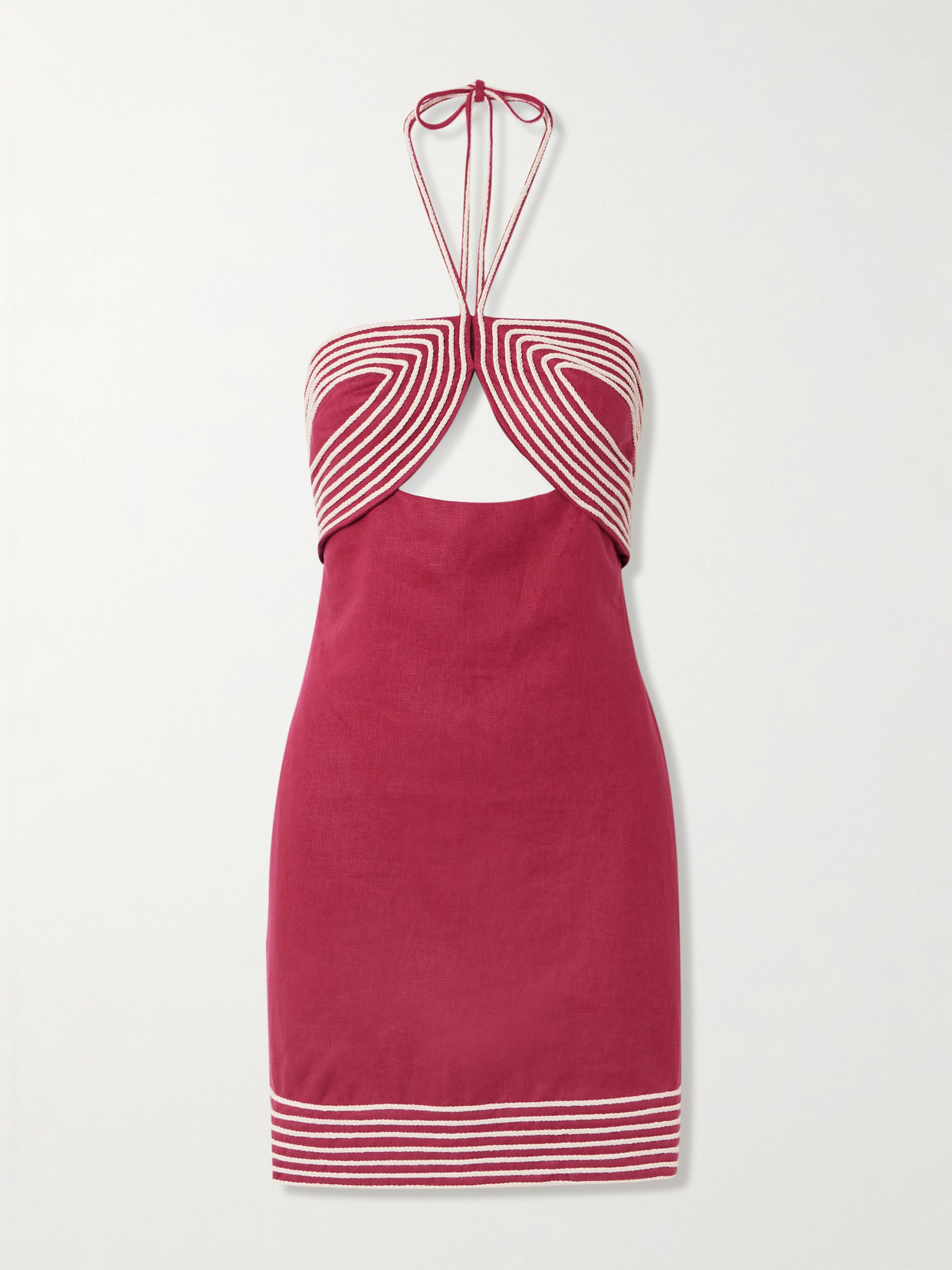 Andres Otalora De Coco Embroidered Linen Halterneck Mini Dress In Burgundy