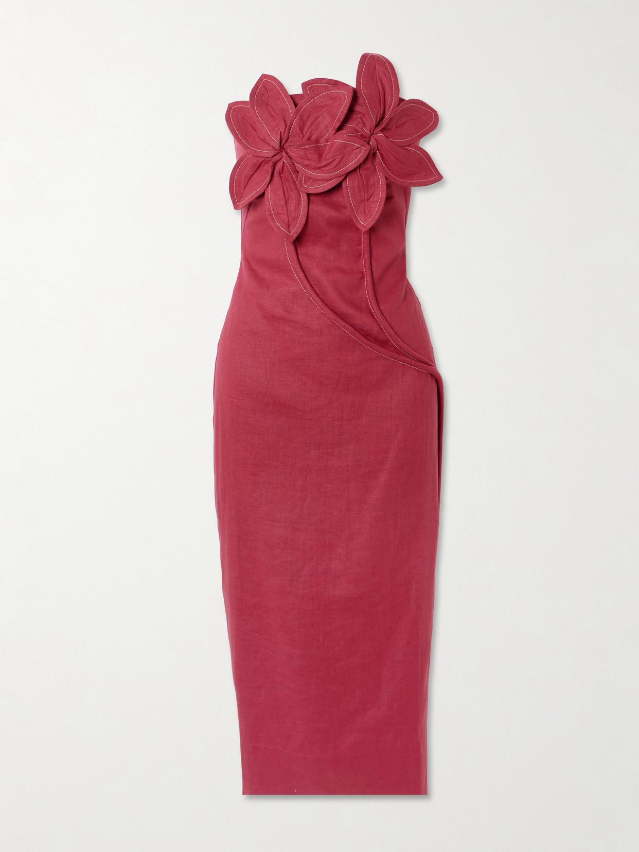 Andres Otalora Florecer Strapless Appliquéd Linen Midi Dress In Burgundy