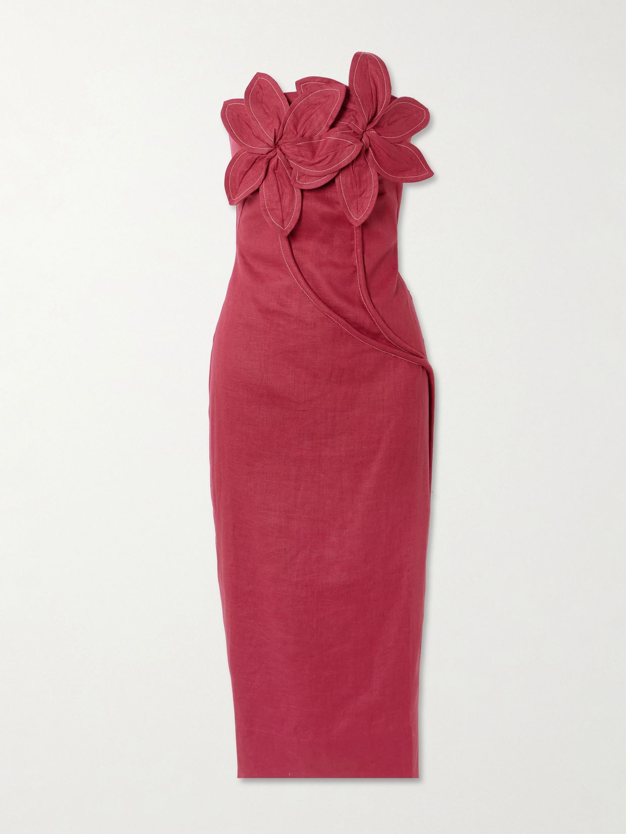 Florecer strapless appliquéd linen midi dress