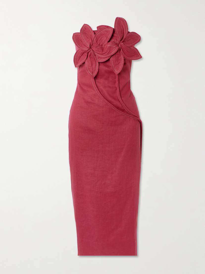 ANDRES OTALORA Florecer Strapless Appliquéd Linen Midi Dress