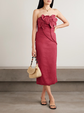 Andres Otalora Florecer strapless appliquéd linen midi dress