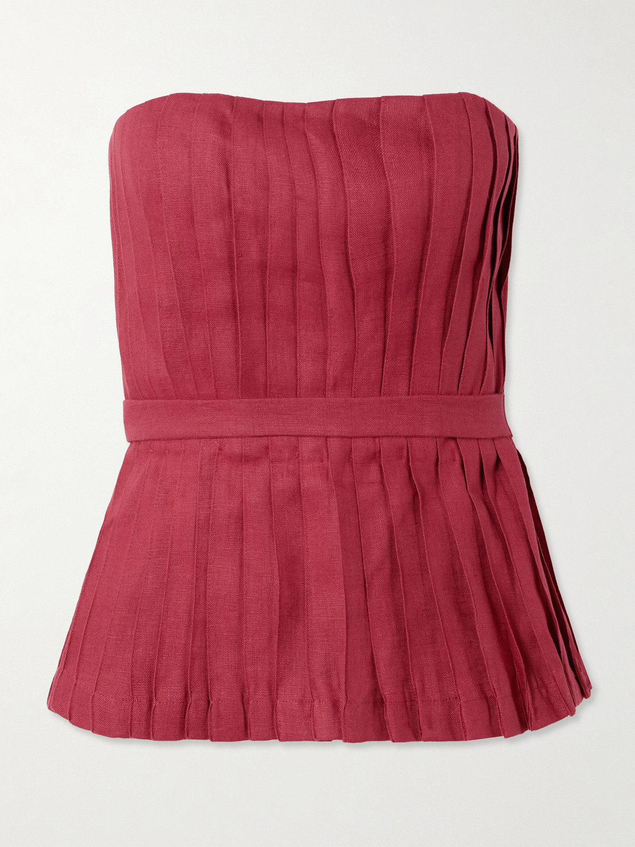 Andres Otalora Encantadora Strapless Belted Pleated Linen Top In Burgundy