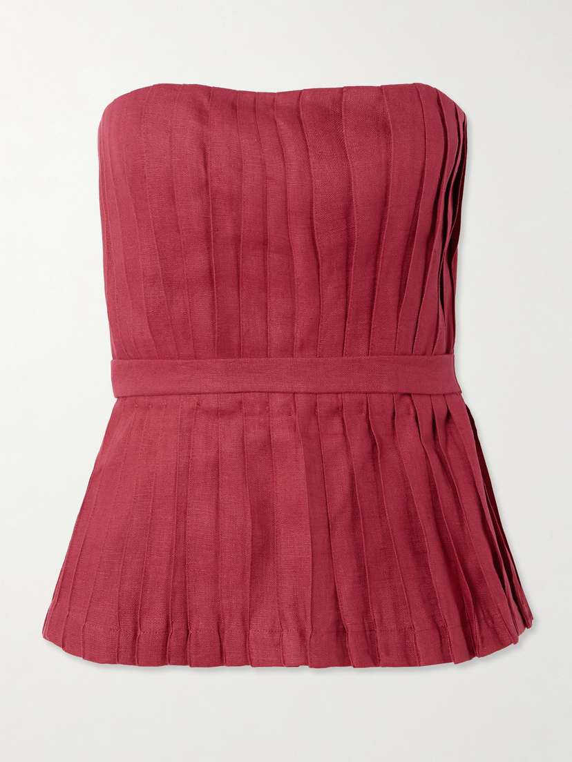 ANDRES OTALORA Encantadora Strapless Belted Pleated Linen Top