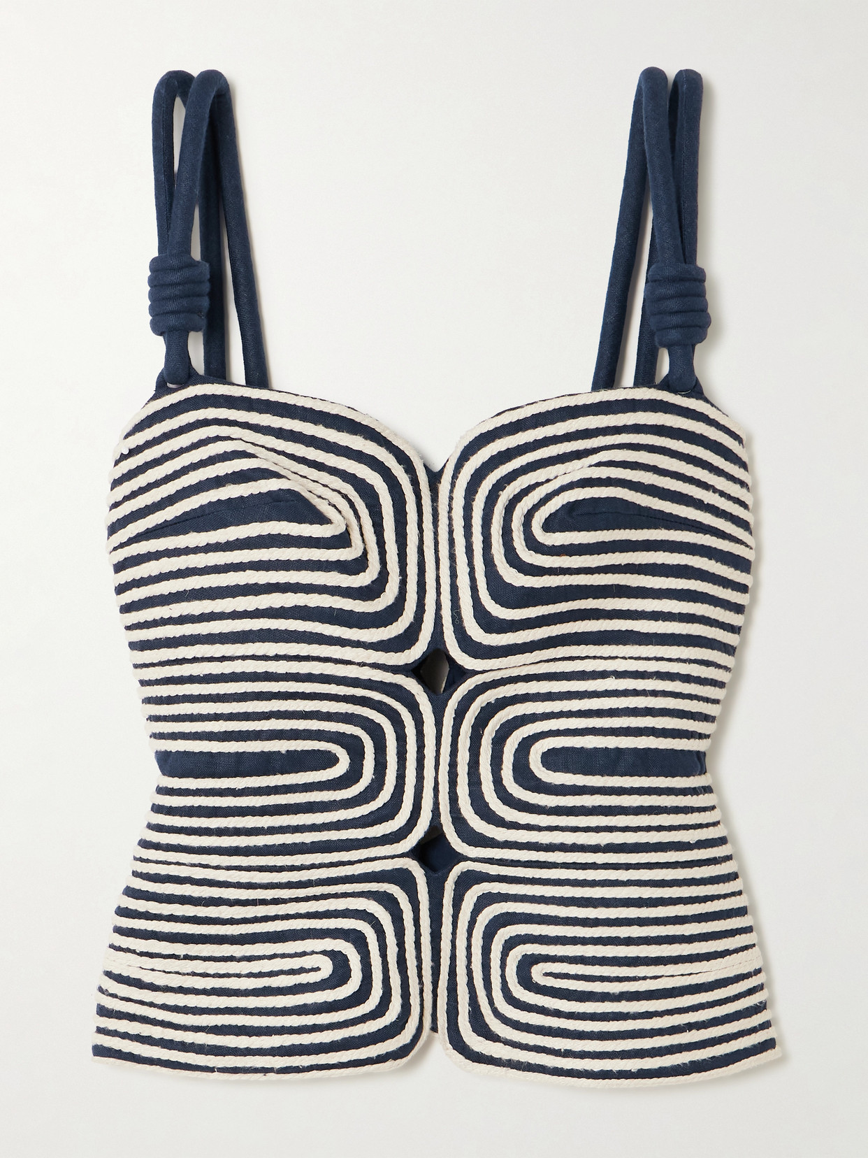 Andres Otalora Marea Knotted Embroidered Linen Top In Blue