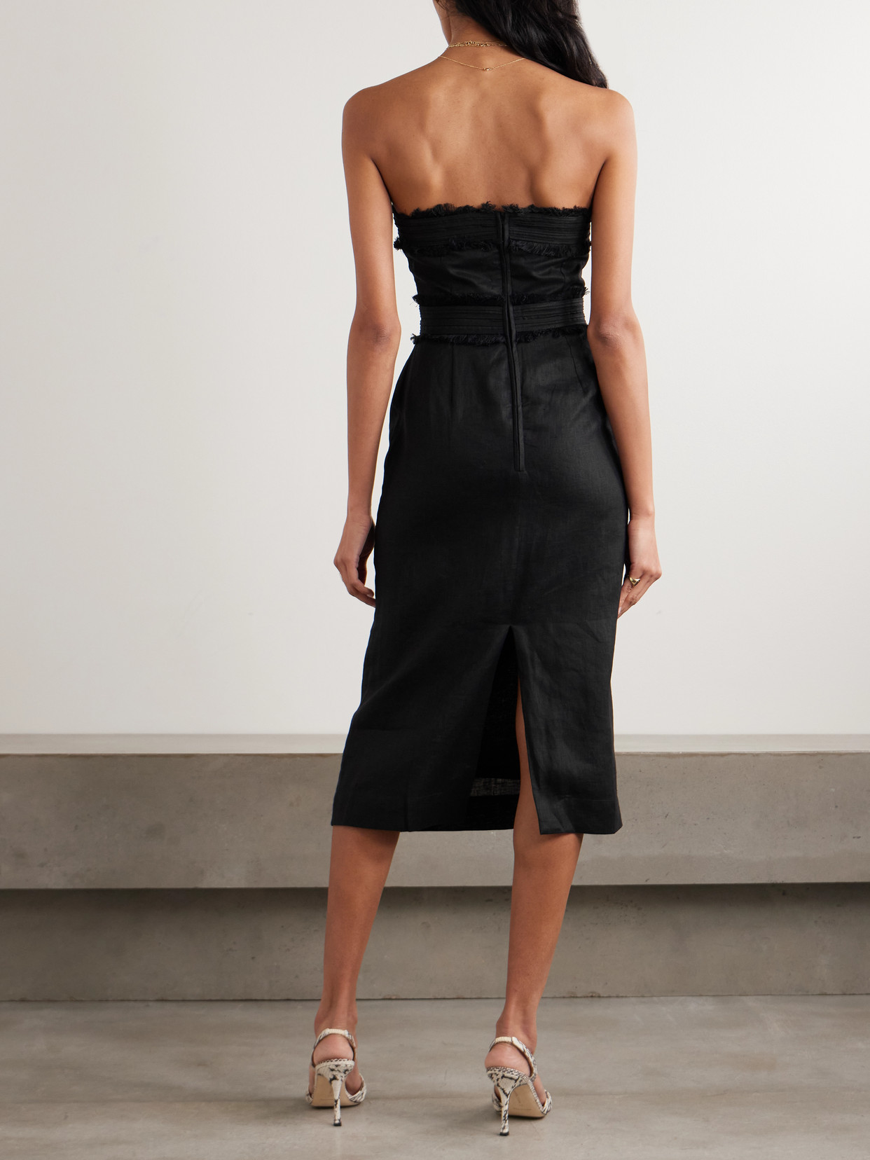 Andres Otalora Playa De Ti Frayed Linen Midi Dress In Black