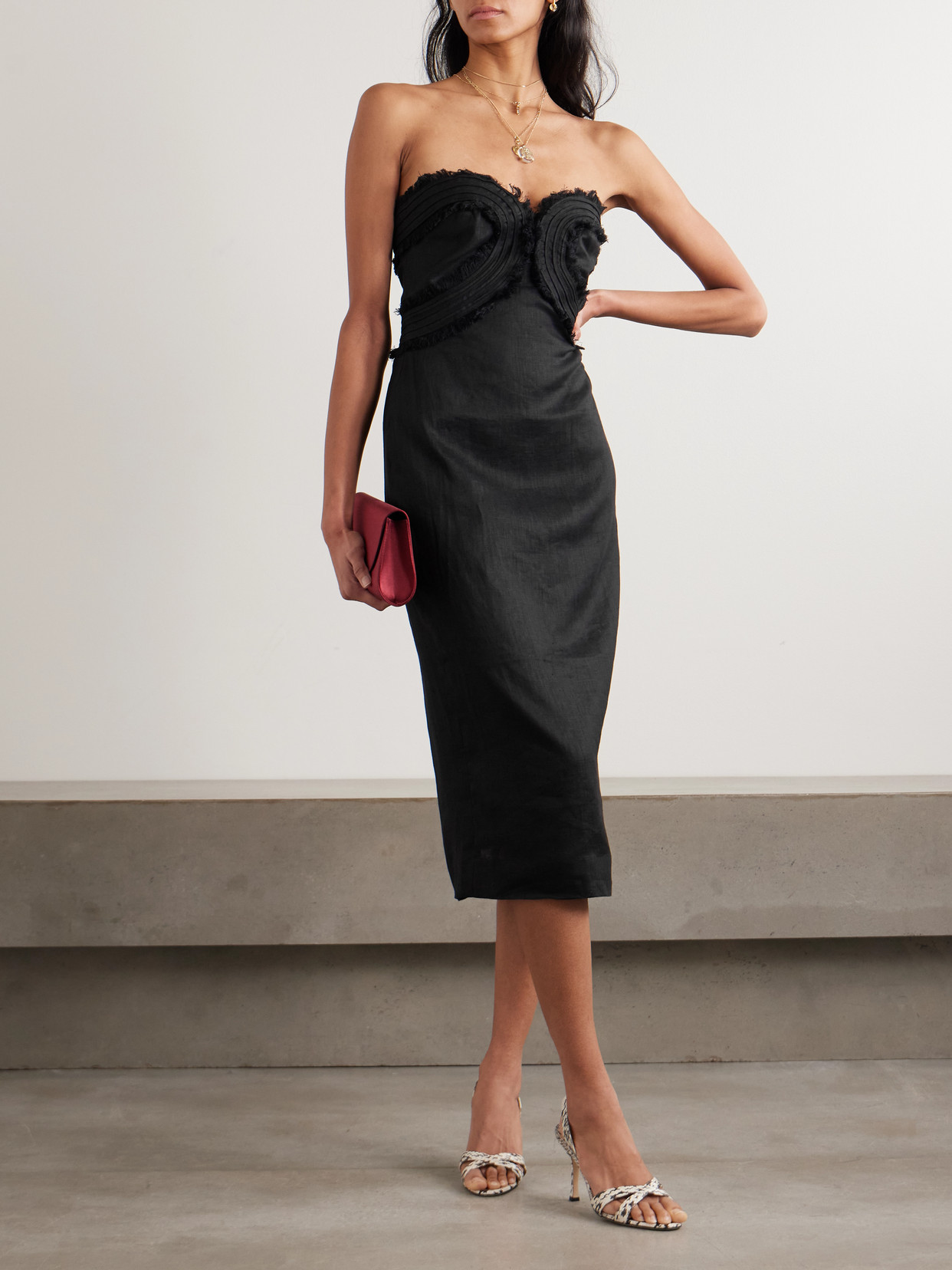 Andres Otalora Playa De Ti Frayed Linen Midi Dress In Black