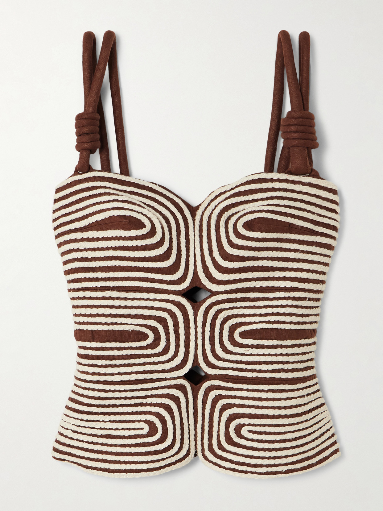 Andres Otalora Marea Knotted Embroidered Linen Top In Brown