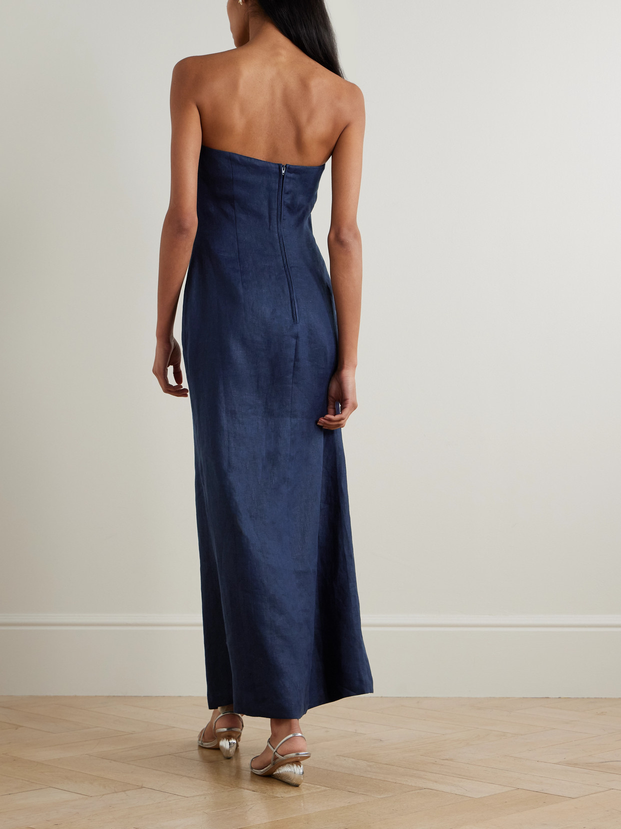 Andres Otalora Bajo Palmera Strapless Pleated Linen Maxi Dress In Blue