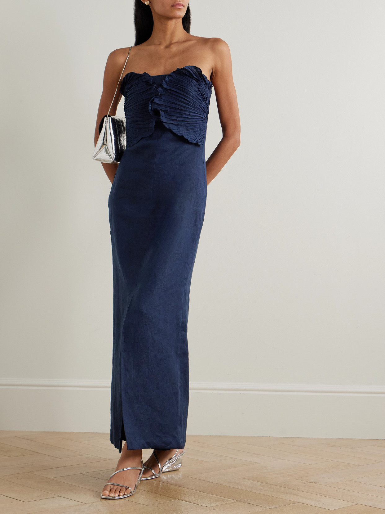 Andres Otalora Bajo Palmera Strapless Pleated Linen Maxi Dress In Blue