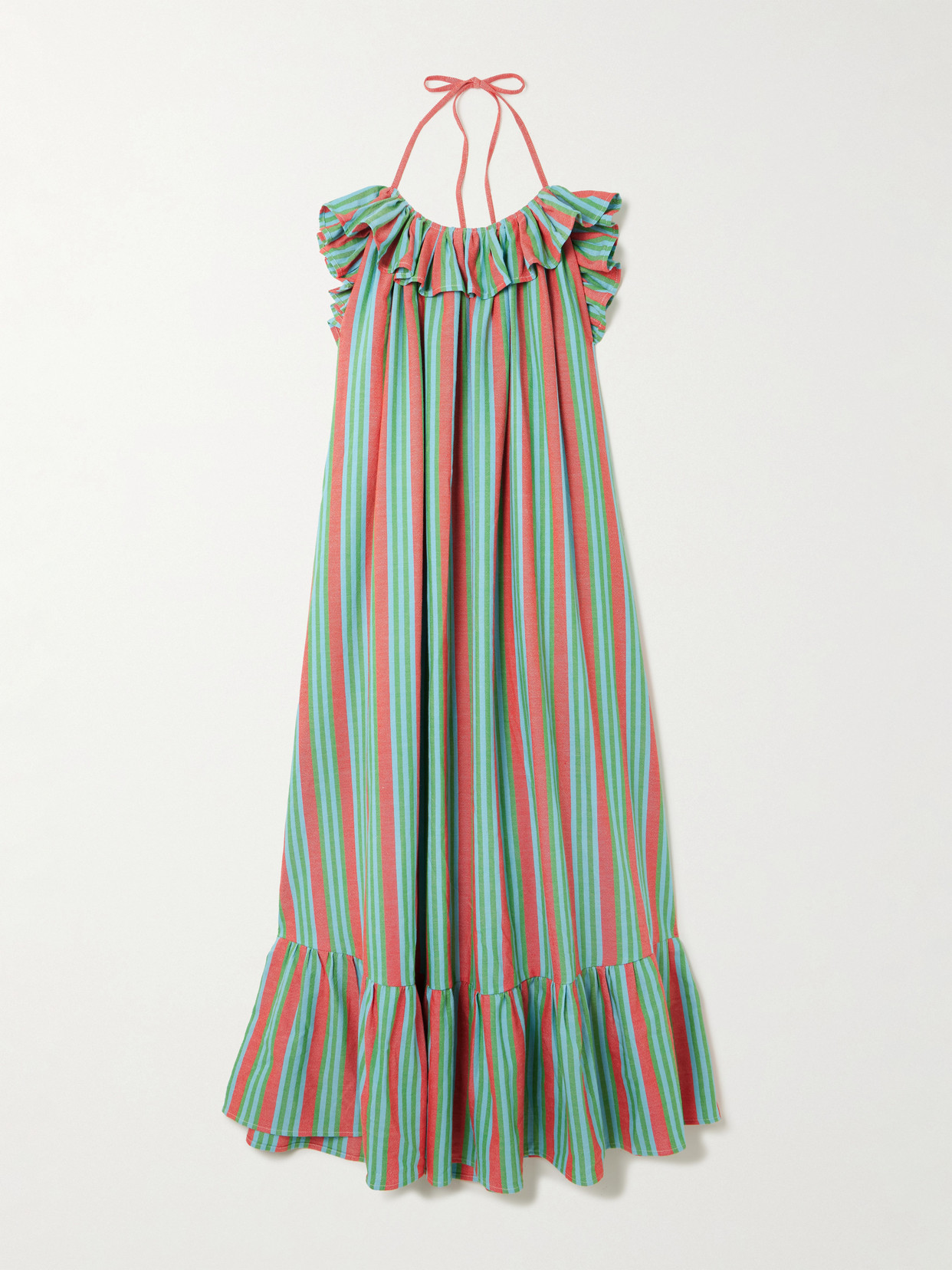 Marrakshi Life Ruffled Tiered Striped Cotton Halterneck Maxi Dress In Green
