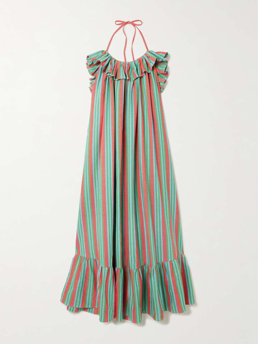 Marrakshi Life Ruffled Tiered Striped Cotton Halterneck Maxi Dress