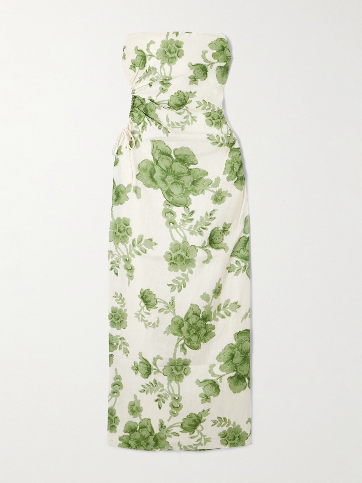 Sir Gardella Strapless Cutout Floral-print Linen Midi Dress In Green