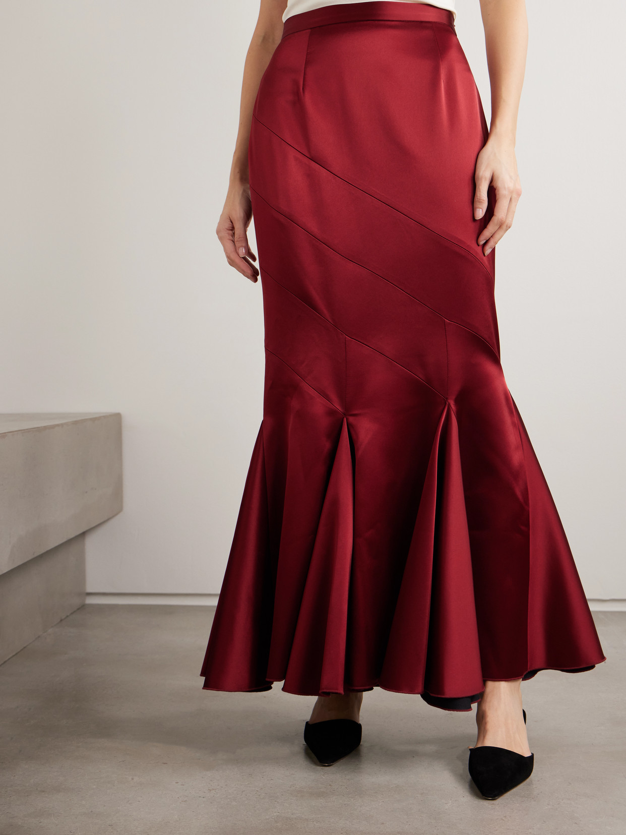 Violante Nessi Gentileschi Pleated Paneled Satin Maxi Skirt In Red