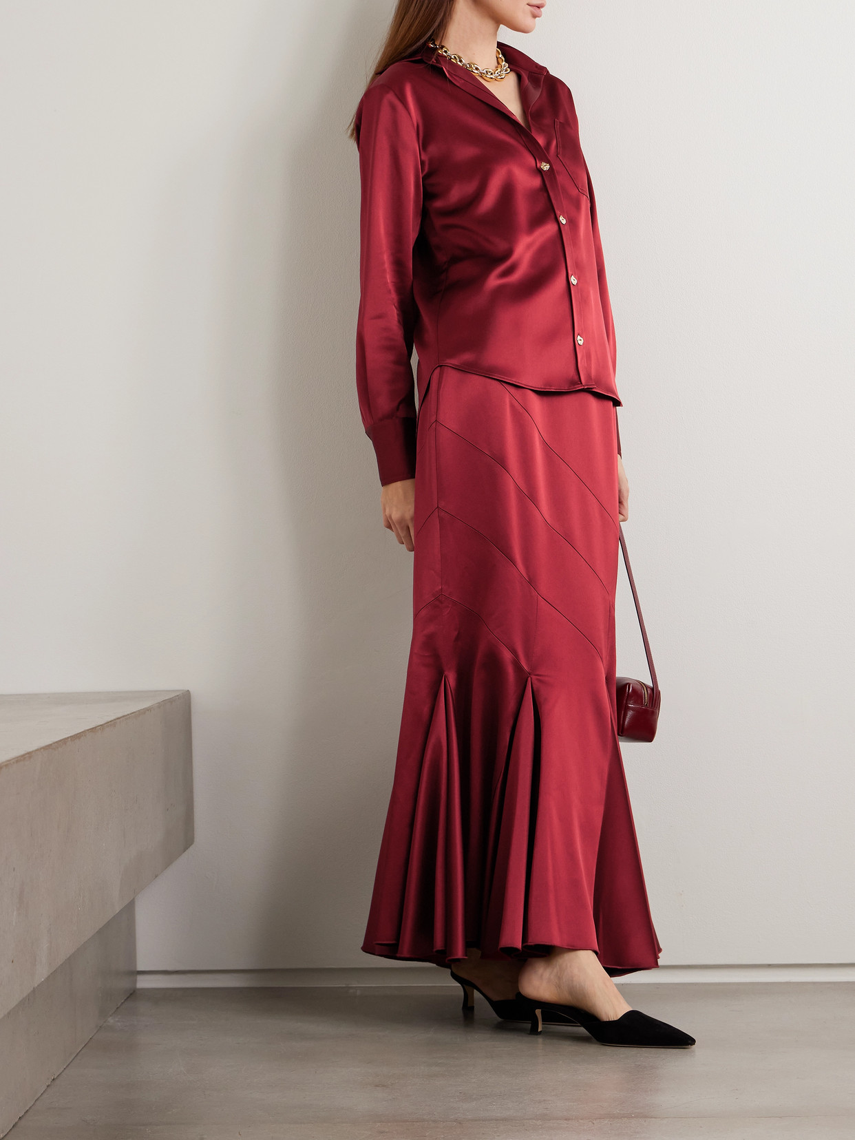 Violante Nessi Gentileschi Pleated Paneled Satin Maxi Skirt In Red