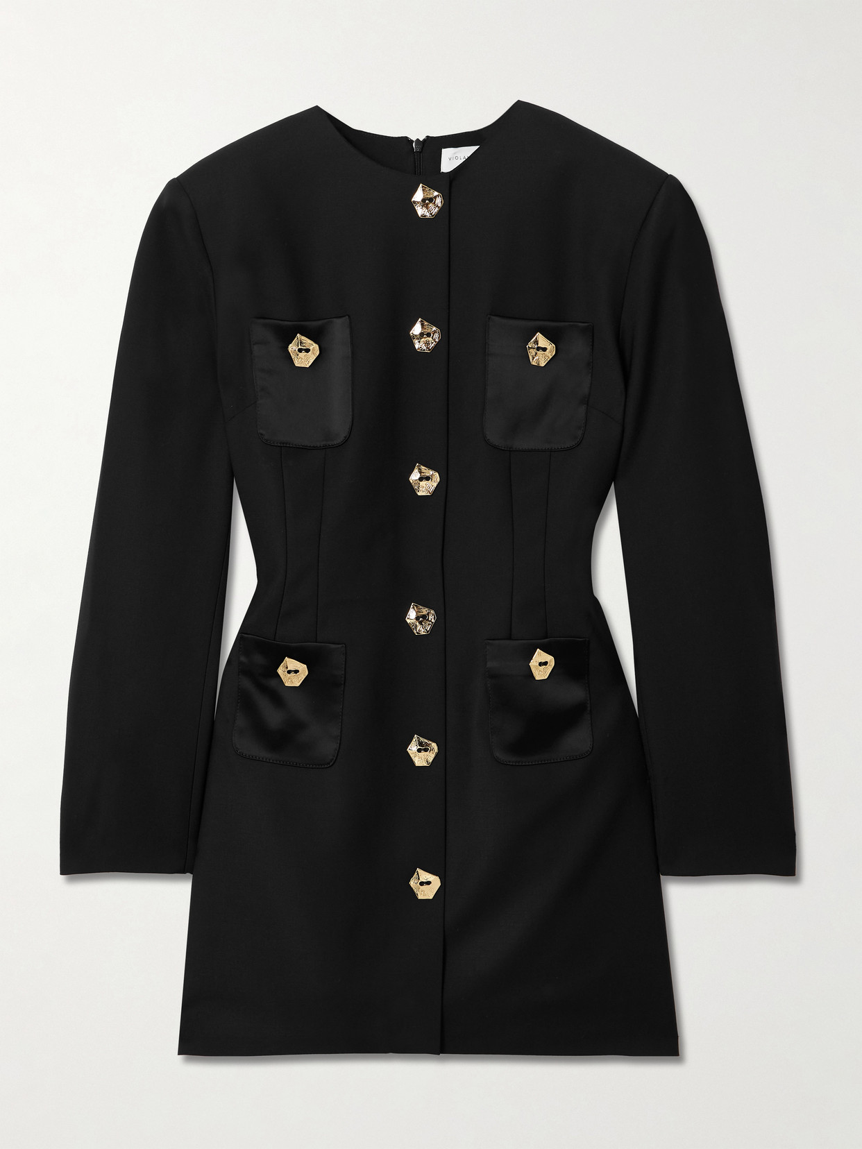 Violante Nessi Baselitz Button-embellished Satin-trimmed Wool-blend Mini Dress In Black