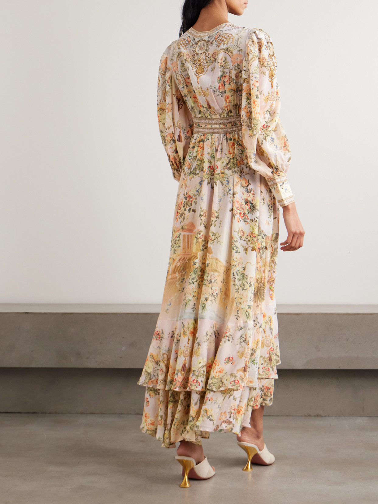 Camilla Crystal-embellished Tiered Floral-print Silk-chiffon Maxi Dress In Multi