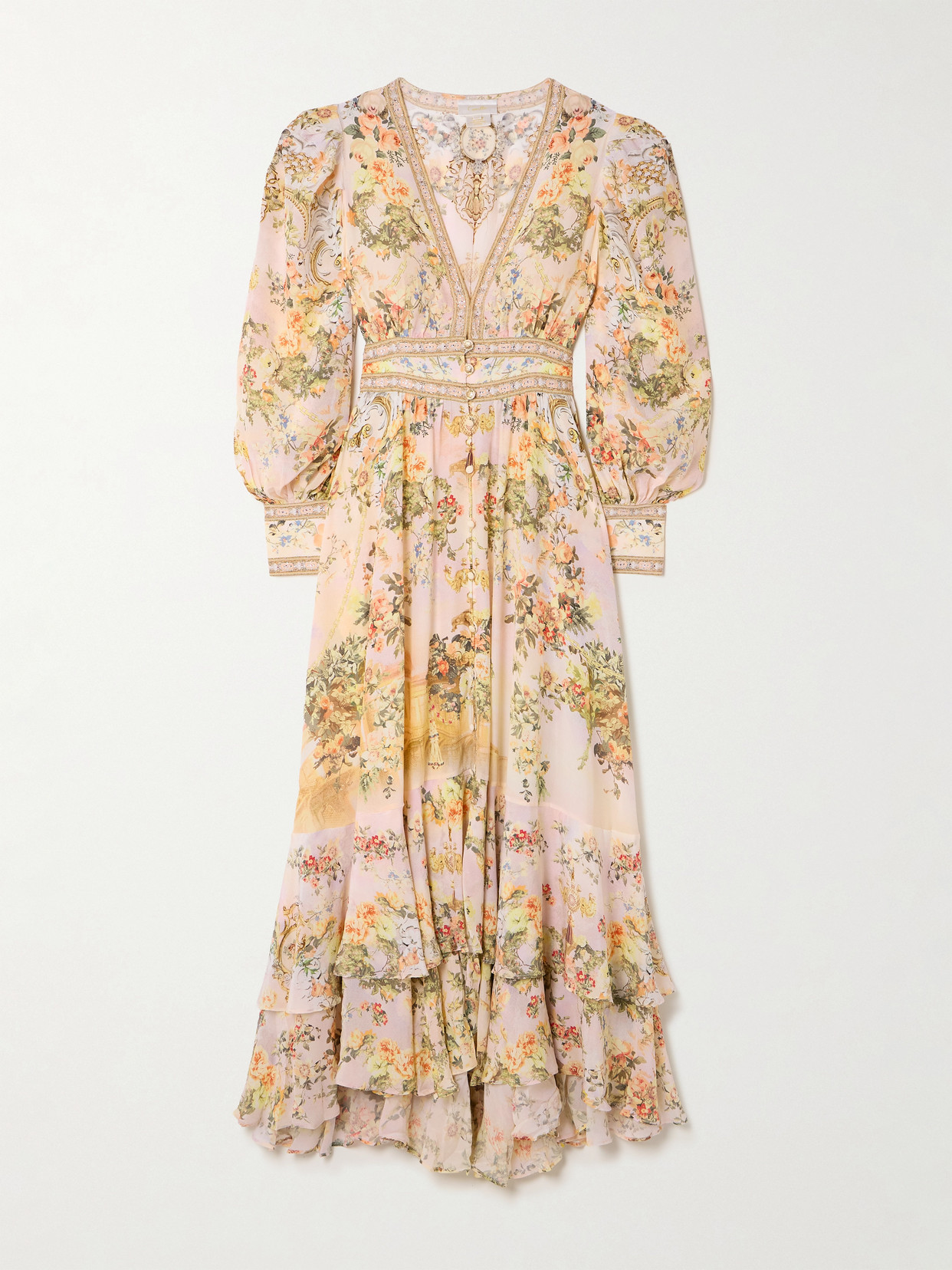 Camilla Crystal-embellished Tiered Floral-print Silk-chiffon Maxi Dress In Multi