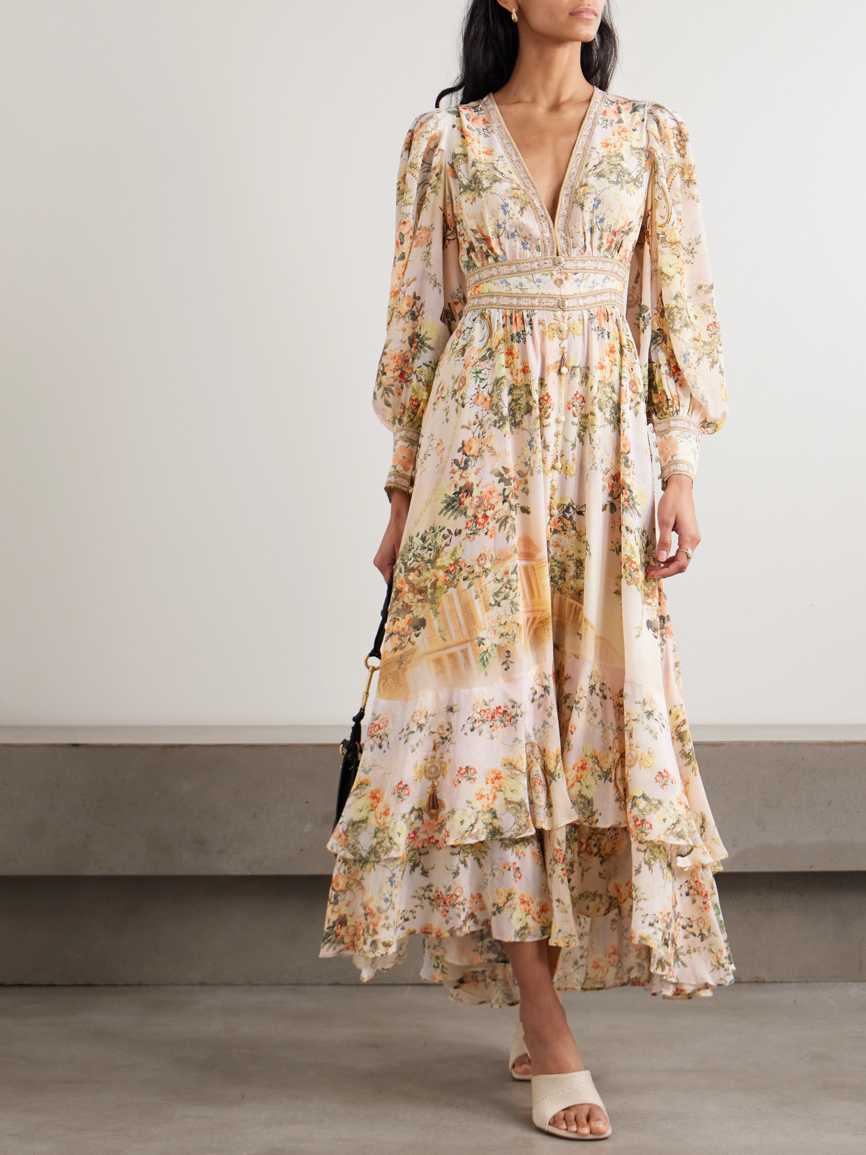 Camilla Crystal-embellished Tiered Floral-print Silk-chiffon Maxi Dress In Multi