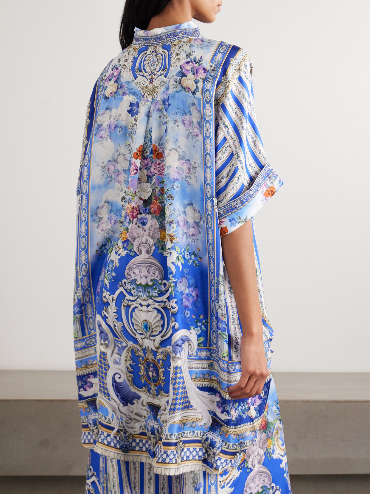 Camilla Crystal-embellished Floral-print Silk Blouse In Blue