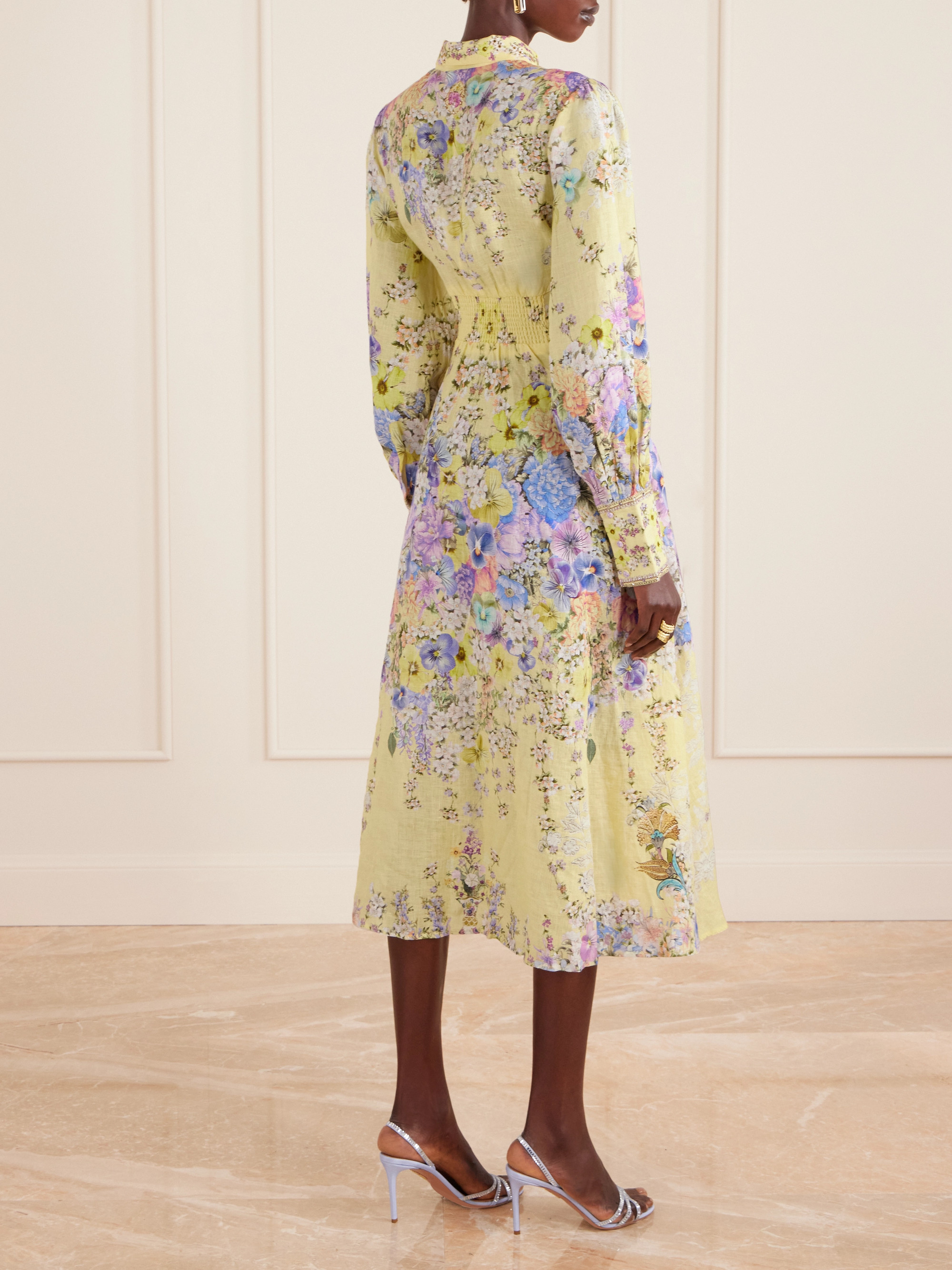 Camilla Crystal-embellished floral-print silk and linen-blend midi shirt dress