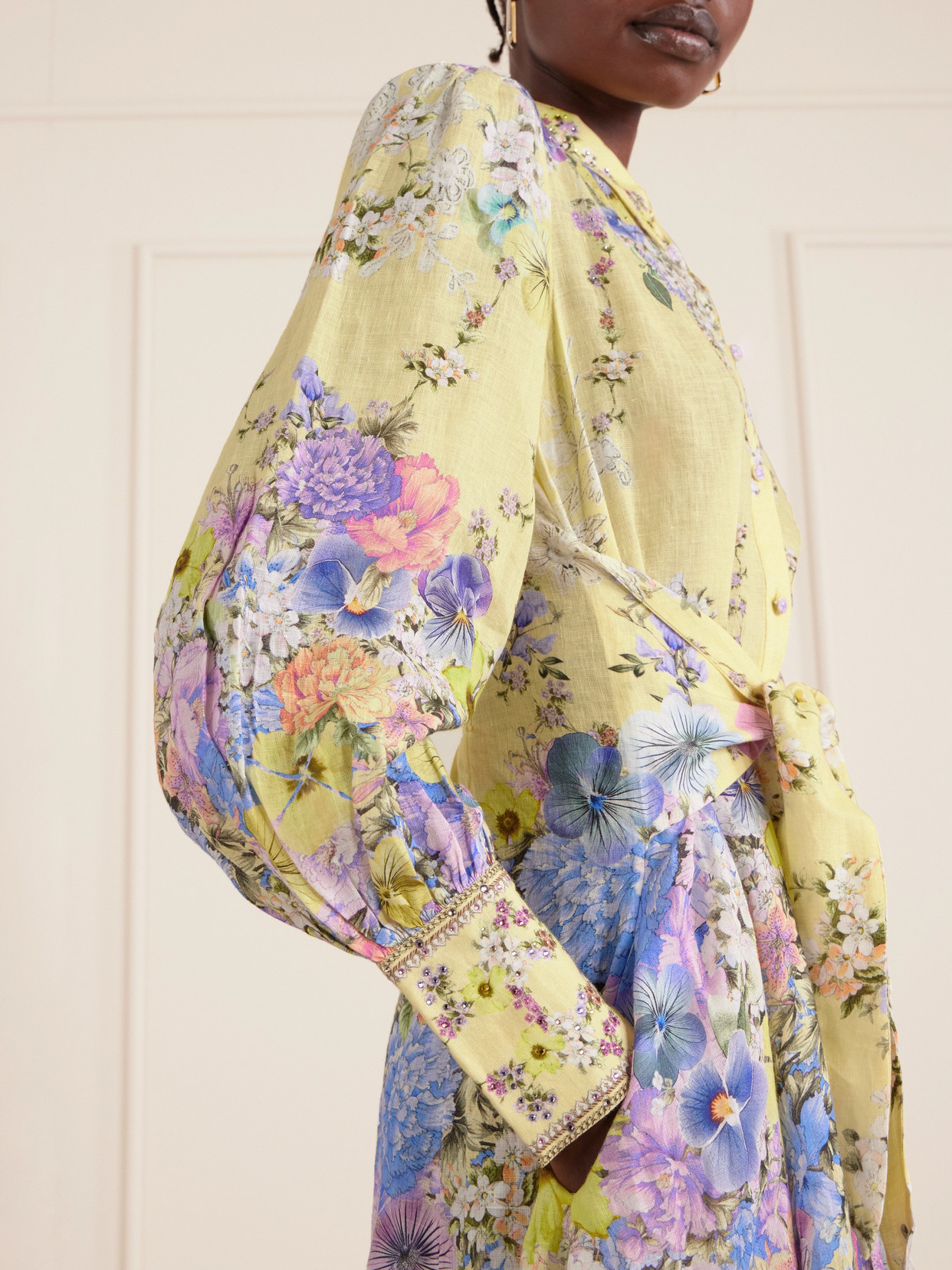 Camilla Crystal-embellished Floral-print Silk And Linen-blend Midi Shirt Dress In Yellow