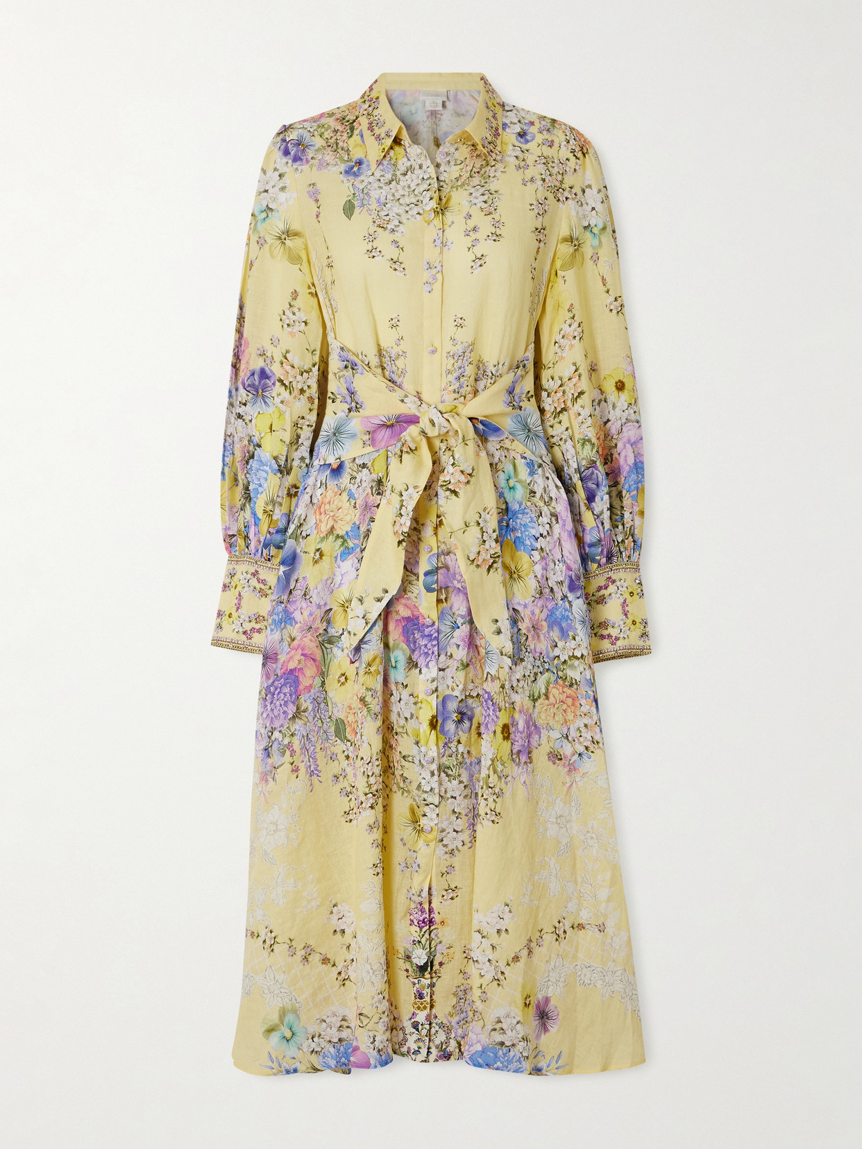 Camilla Crystal-embellished Floral-print Silk And Linen-blend Midi Shirt Dress In Yellow