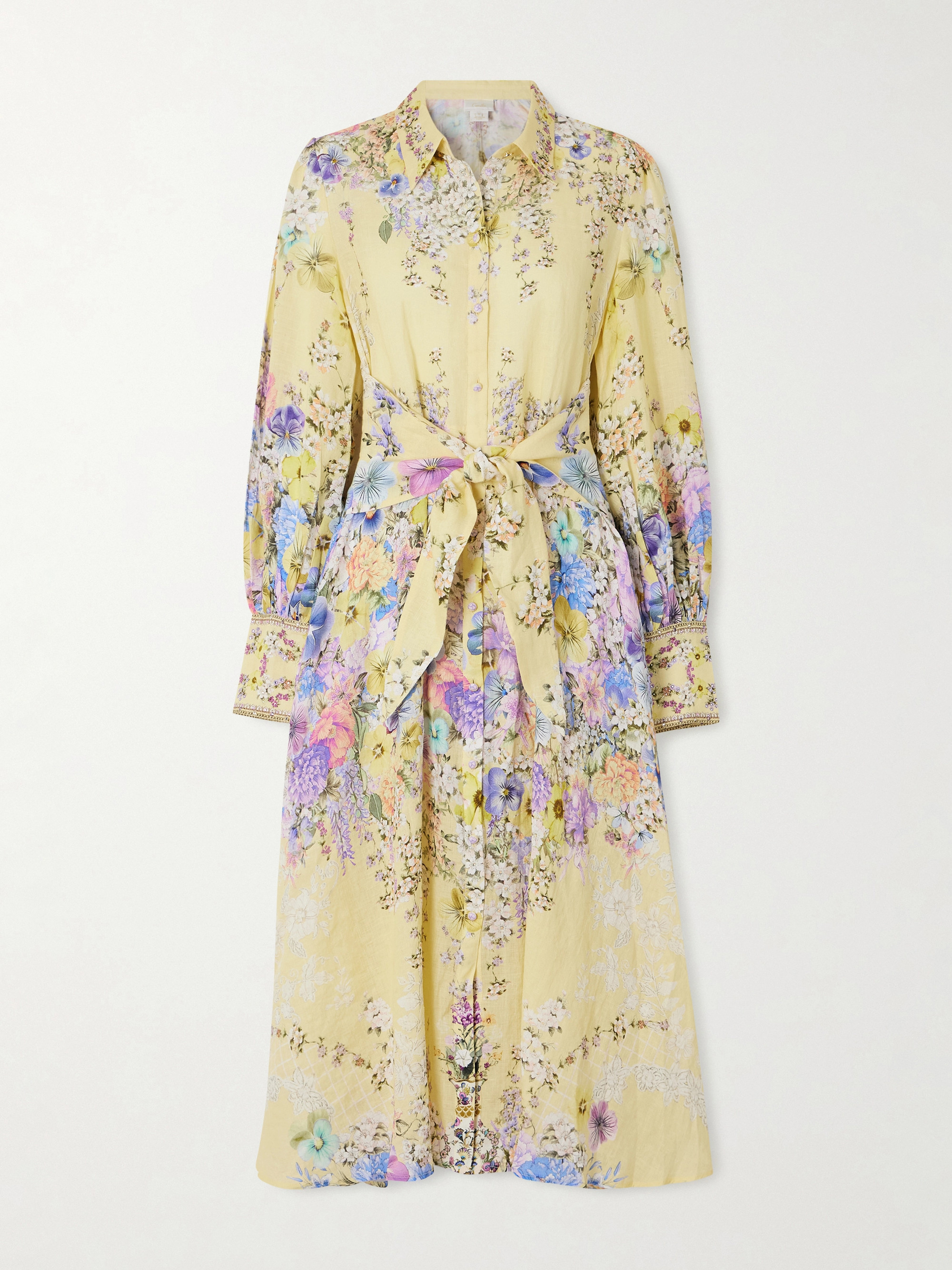 Camilla Crystal-embellished floral-print silk and linen-blend midi shirt dress