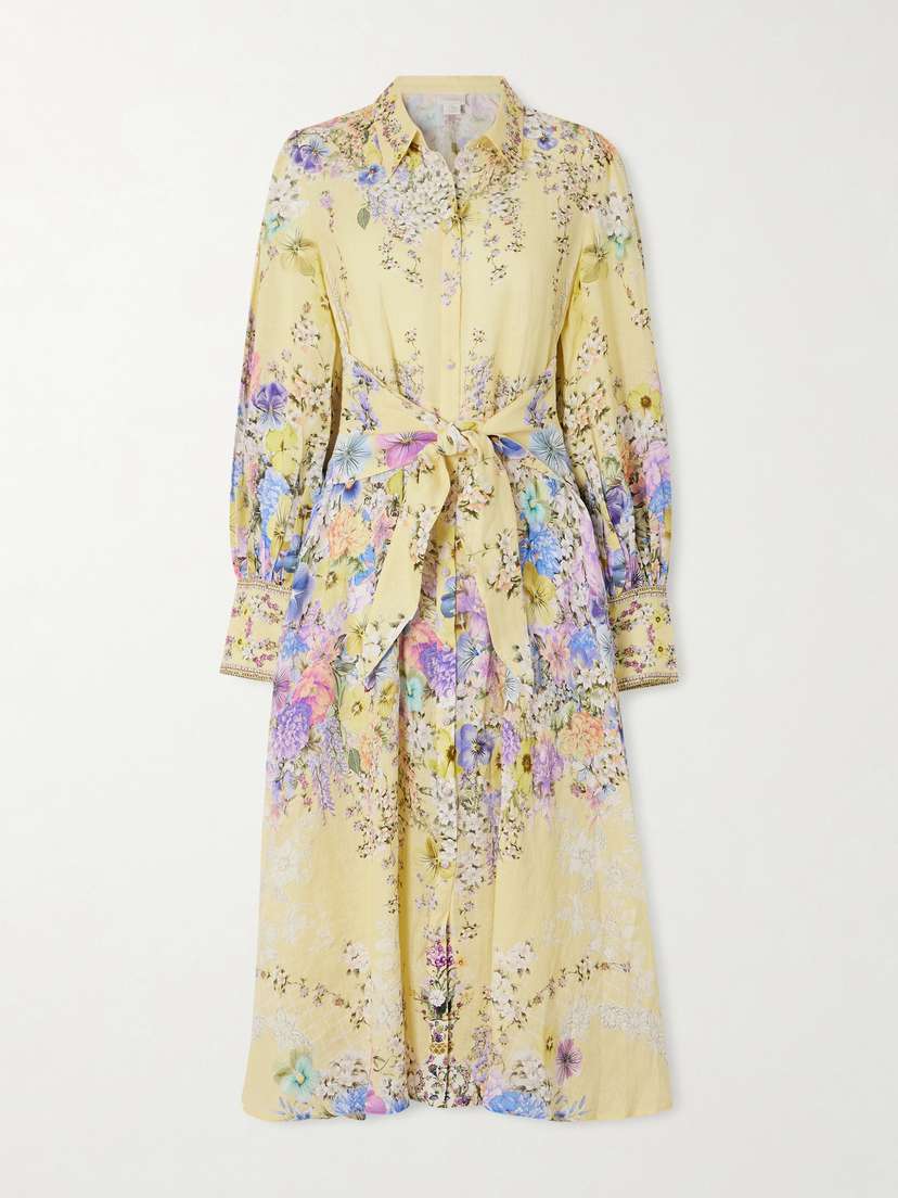 Camilla Crystal-embellished Floral-print Silk And Linen-blend Midi Shirt Dress