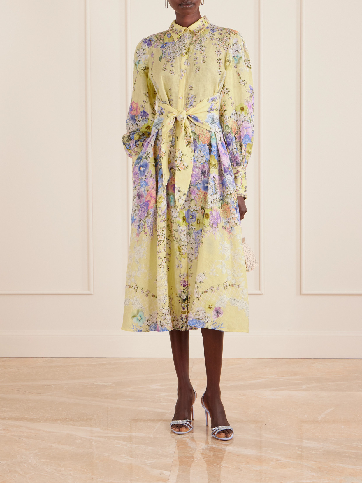Camilla Crystal-embellished Floral-print Silk And Linen-blend Midi Shirt Dress In Yellow