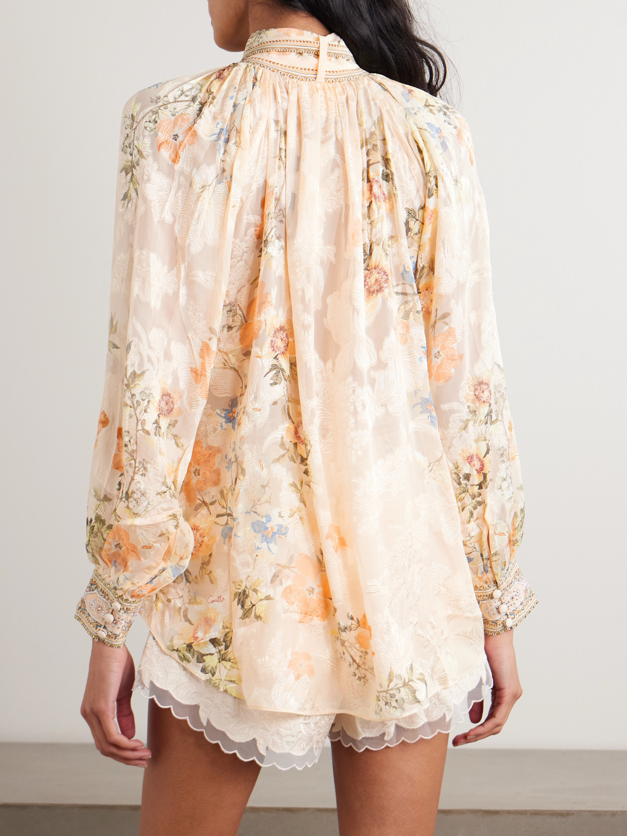 Camilla Crystal-embellished Pussy-bow Floral-print Silk-blend Jacquard Blouse In Neutral