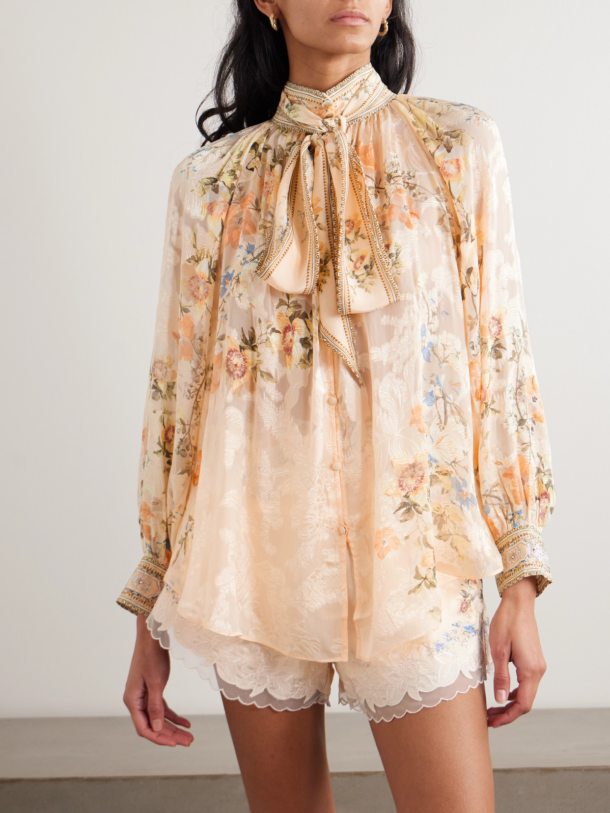 Camilla Crystal-embellished Pussy-bow Floral-print Silk-blend Jacquard Blouse In Neutral