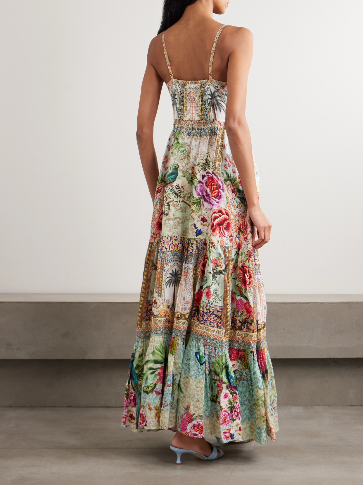 Camilla Crystal-embellished Tiered Floral-print Linen Maxi Dress In Multi