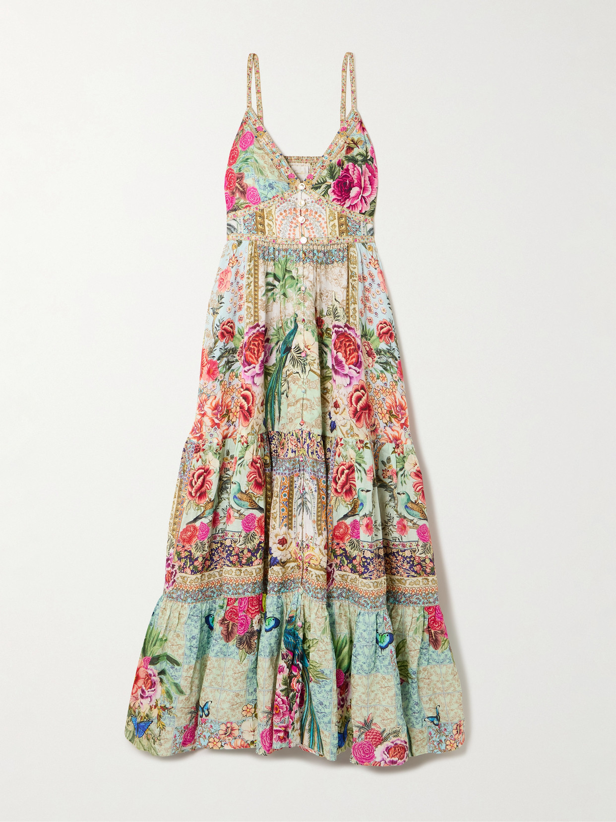 Camilla Crystal-embellished Tiered Floral-print Linen Maxi Dress In Multi