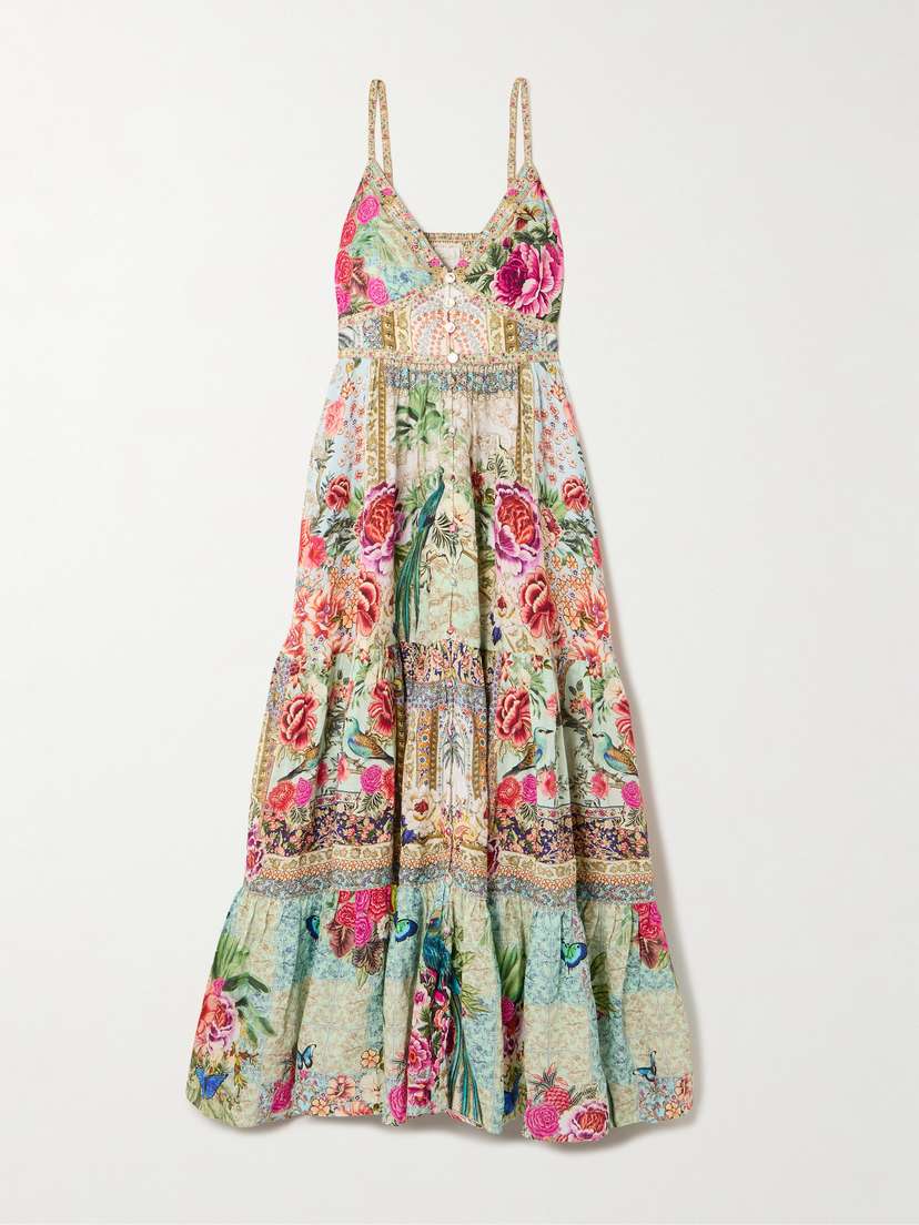 Camilla Crystal-embellished Tiered Floral-print Linen Maxi Dress