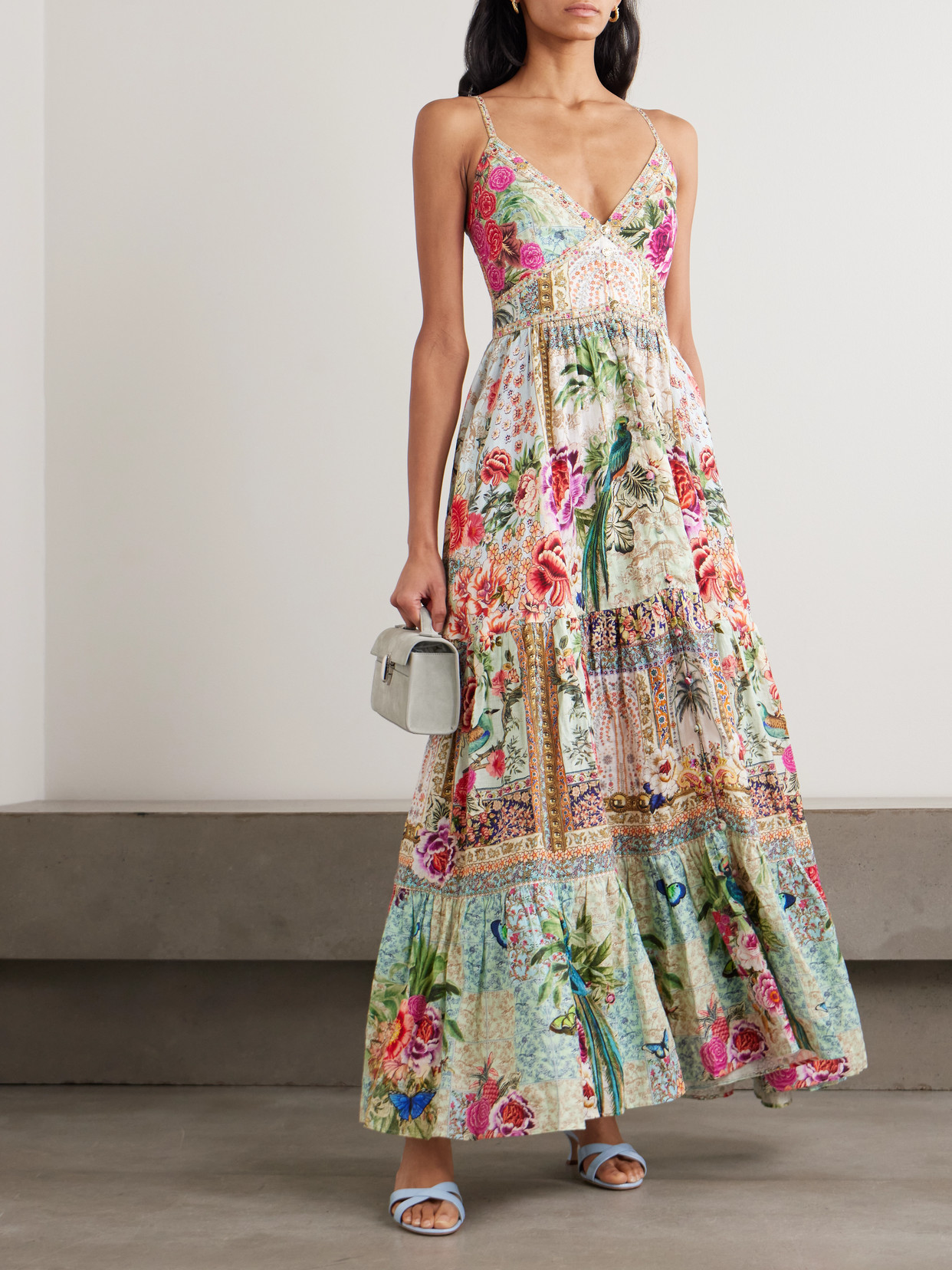 Camilla Crystal-embellished Tiered Floral-print Linen Maxi Dress In Multi